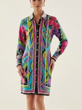 Vtg Cache 100% Silk Shirt Dress XS 90s Abstract Print